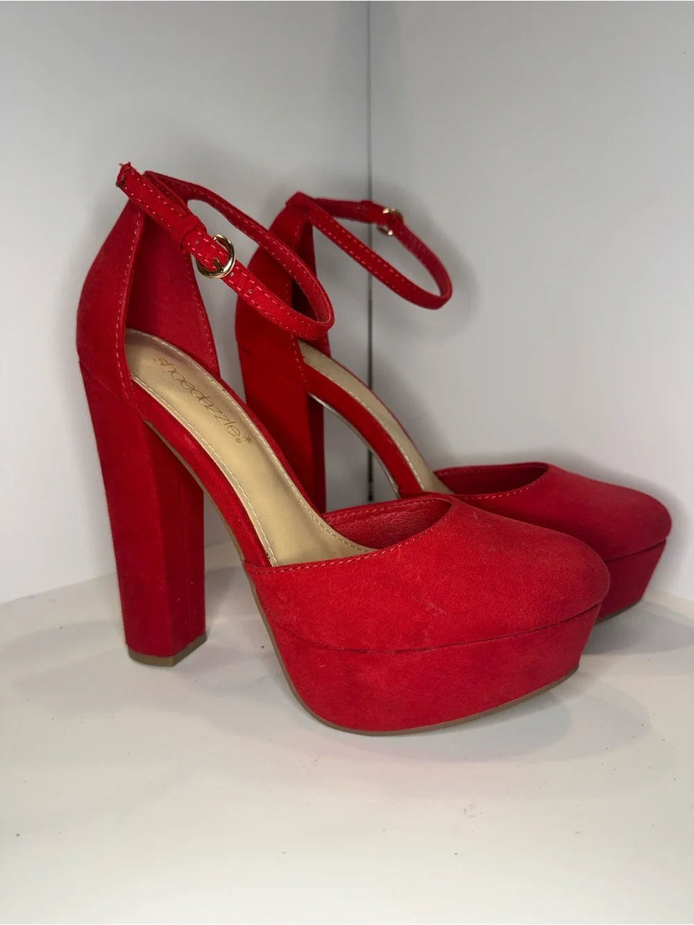 Red Suede Platform Ankle-Strap Heels